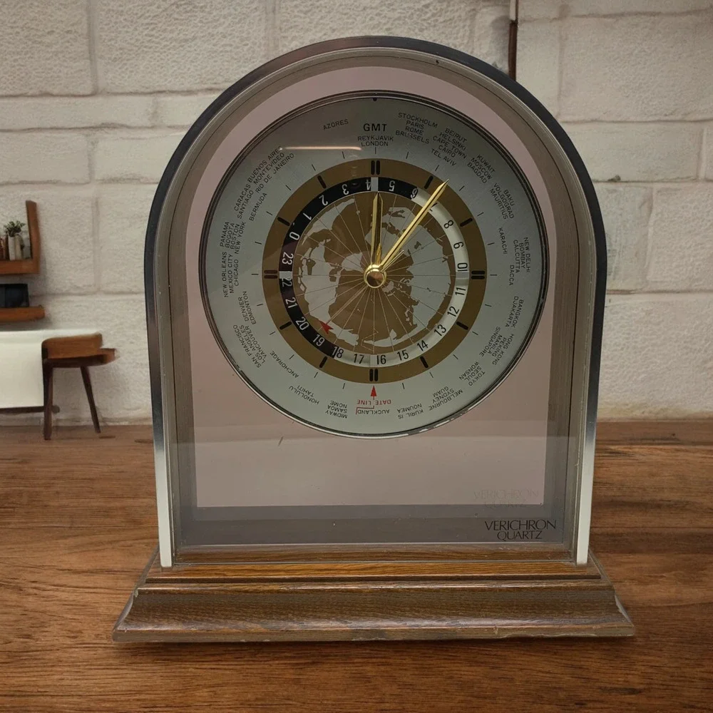 Vintage Verichron Quartz Modernist World Clock Mantle Shelf Table Brushed Chrome